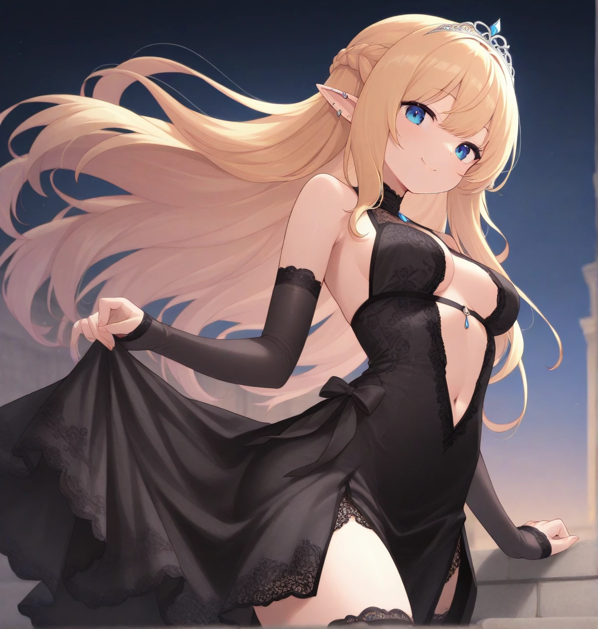 a blond、red eyes、Beautiful girl alone、Fancy dresses、off shoulders、Western-style castle、a smile