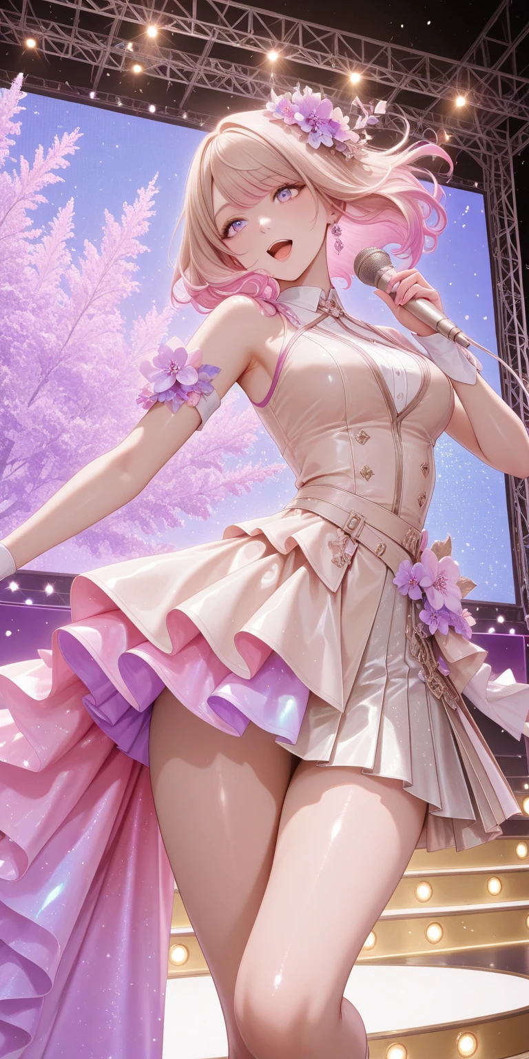 The background is a concert,tmasterpiece,8K,high definition resolution,cinmatic lighting,theater,lamplight,perform,teens girl,((microphones)),Concert,performance,Fashionable clothes,short skirt,singers,idoly,Crop topping,cropped shoulders,Exposed cleavage,Bare thighs,hyperdetailed face, Detailed eyes, 二重まぶた,((Ultra-detailed)),((Delicate face)), Beautiful detailed eyes, (high light,Gradient hair),Long hair, Floating hair, GSHea,The eye,Genshin_impact,Look at the viewer, ((Distant view)), Strong light and shadow, Cinema lenses,tmasterpiece,Super quality,theater stage,real silk,18yr old,Big eyes,A woman in a straitjacket holds a microphone and sings on stage, inspired by Vanessa Beecroft, Wear stage costumes, Korean concerts, Inspired by Hajime Sorayama, singing on stage, style of hajime sorayama, Wear tights, wearing bodysuit,Stylish lenses