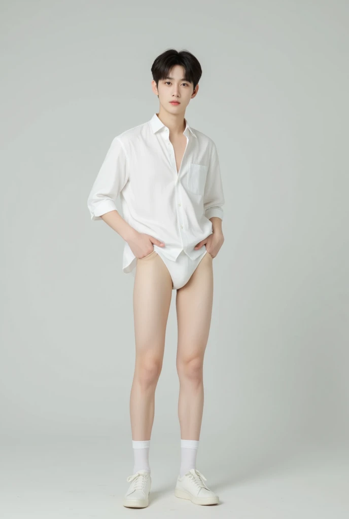 Asian muscular boy sitting on grass, sexy, Dark eyebrows, white shirt, wearing white thong high cut underwaer, white high cut Jockstrap, muscular young male, mid shot portrait, high quality portrait, Attractive pose, cute young man, gorgeous young model, portrait a 25 - year - old boy, casual photography, Realistic. Cheng Yi, cute young man, ((wearing micro string thong))