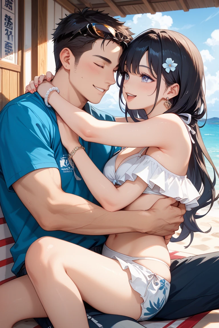 NSFW,masterpiece,Highest quality,High resolution,Super detailed,Yukinoshita Yukino\(My Youth Romantic Comedy is Wrong as Expected\),Black Hair,Long Hair,Light blue eyes,High quality sexy bikini,Halter neck,Small breasts,Embarrassed,blush,beach,Palm tree,Beach parasol,Beach House,(cheerful man),Pick up a girl,The man puts one hand on her waist and hugs her from the side