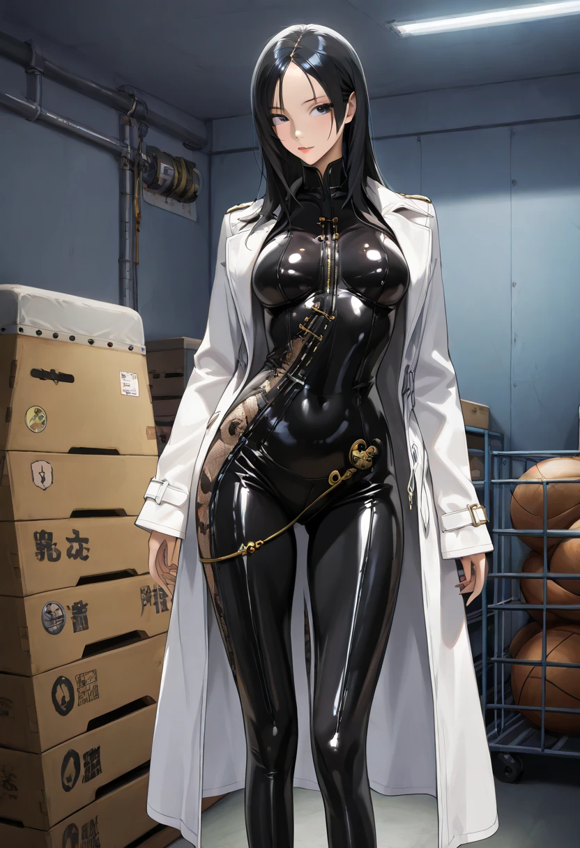 Annerose, 1girl, female mature, action pose, long hair, black hair, pointy ears, yellow eyes, large breasts, (bodysuit:1.05), higheels, shiny clothes, (skin tight:1.05), hair intakes, full body shot, perfect body, (athletic body:1.1), anime face, perfect face, perfect eyes, anime eyes, smoky eyeliner, eyeshadow, looking at viewer, sharp focus, intricate details, masterpiece painting, professional artwork, vivid colors, Diffused lighting, digital blending, ultra detailed body, ultra detail hair, ultra detail face, trending on pixiv, by Kagami Hirotaka, (((mature woman, mature female, 35yo))), Black Lilith, inside private room, anime