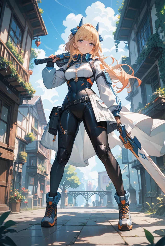 best quality, masterpiece, ultra-detailed, beautiful, highres, original, absurdres, <lora:durandalBrightKnightExcelsis_v10:1>, bianka durandal ataegina (valkyrie gloria), bianka durandal ataegina, 1girl, blue eyes, blonde hair, military, long hair, hat, military uniform, uniform, looking at viewer, boots, gloves, bangs, military hat, jacket, thigh boots, black footwear, grass, thighhighs, hair between eyes, pantyhose, breasts, black headwear, black gloves, necktie, spear, black jacket, black pantyhose