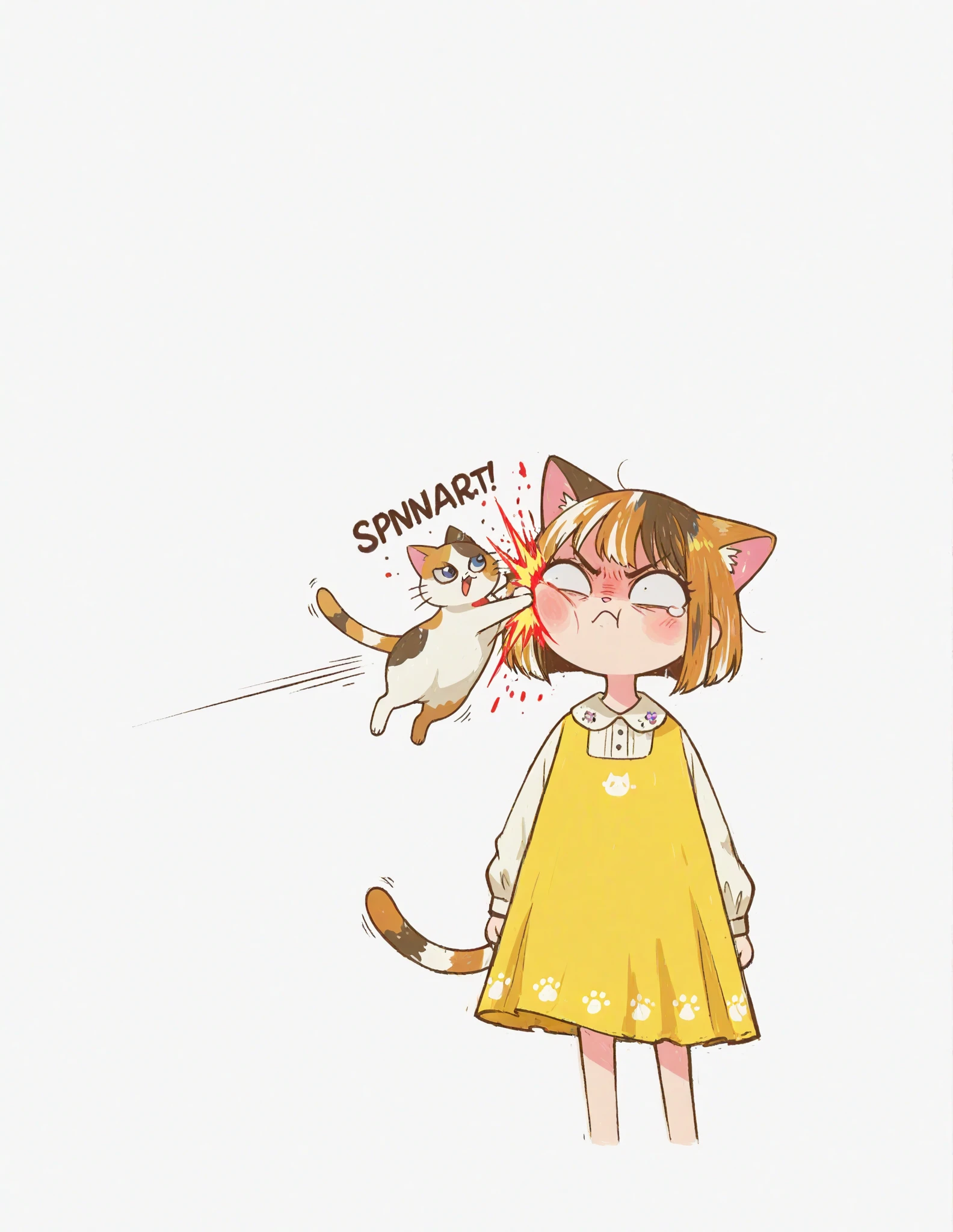 a calico cat punches a  girl's face intensely,the girl's face is distorted by impact,comical cartoon style,using bright colors,soft light,Painful atmosphere,fun air,simple background,High Quality,masterpiece, Onomatopoeia（HIT）with typography and effects lines,yellow dress、short bob,simple with white background,comical cartoon styleを強調,pain and comical violent expressions,calico cats are angry, and fat calico cat, anime moe art style, Cute Core, cute art style,  cute anime , Official Artwork, cute little character girl, face punch