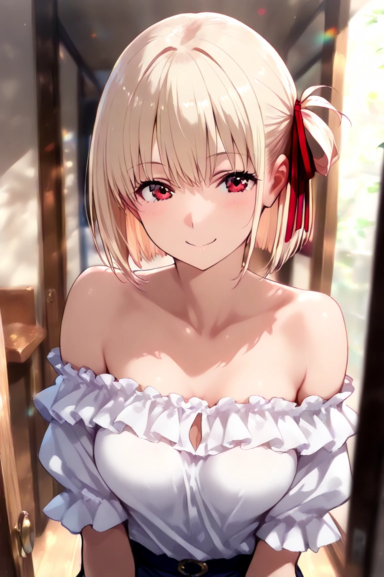 (masterpiece, best quality:1.4), looking at viewer, smile,chisato nishikigi, blonde hair, short hair, red eyes,large breasts, hair ribbon, Smiling, looking at the viewer, blue theme, blue background, cloudy sky, sunlight, sweat, orgasmic, (Completely naked), nude,(pinkcolor smallnipple),cleavage, belly button exposed, collarbone, thighs, sea , head, Wave, splashe,