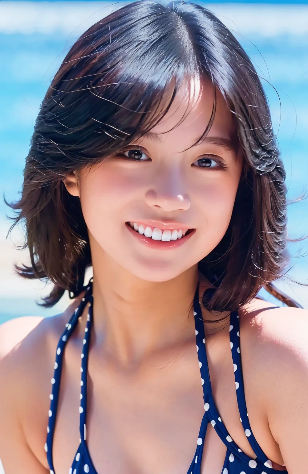 Raw photo、distinct、Japanese、((Japanese))、Shortcuts、boyish、、Toothy smile、looking at the camera、Swimwear、スクールSwimwear、beautiful girl、Clear photos、face、Close-up、((Small breasts))