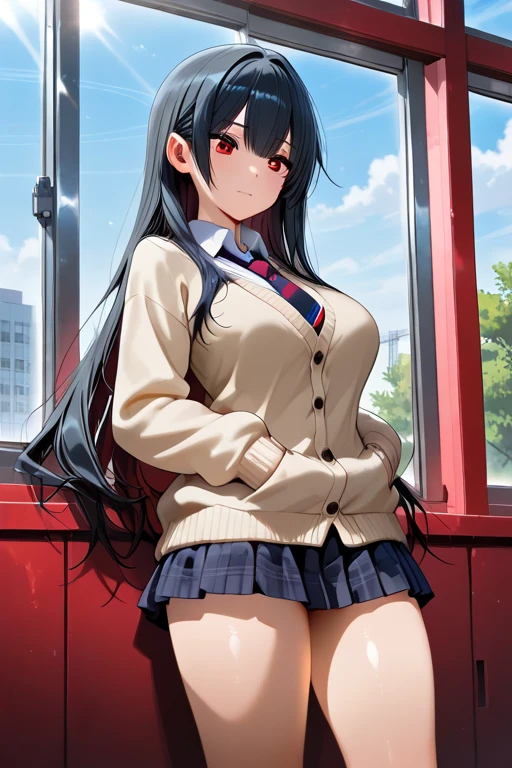one woman,mini skirt,blouse,cleavage between breasts,boobs,large breasts,cute face,drooping eyes,big eyes,smiling,flushed cheeks,medium hair,semi-long hair,long hair,wave hair,from above,outdoor,daytime,Crowd of People,anime style,masterpiece, extremely fine and beautiful,illustration