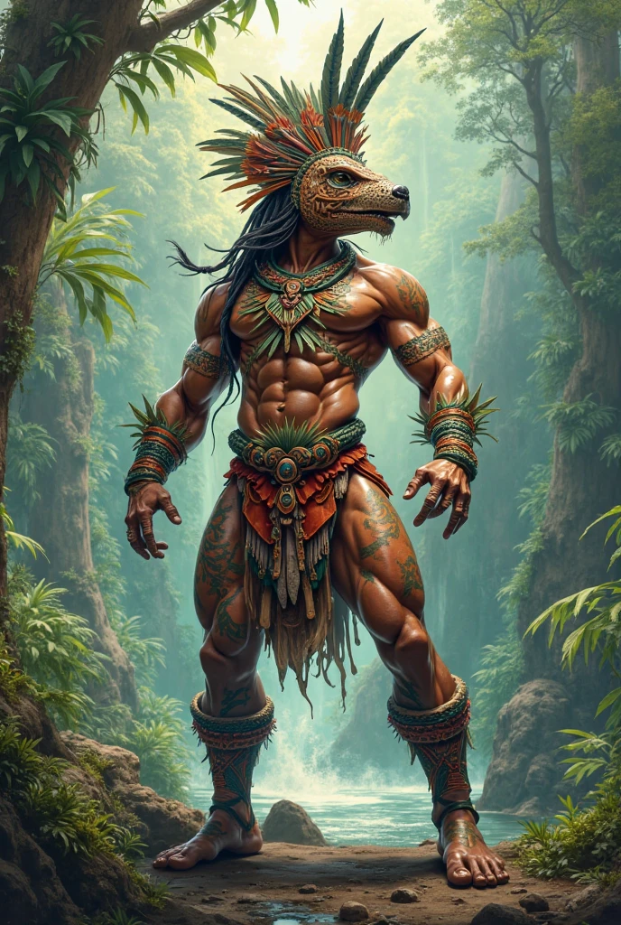 A Guarani Indian riding a snake with large horns