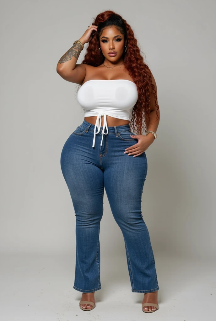Hot woman extremely tall, thick thighs, flare jeans