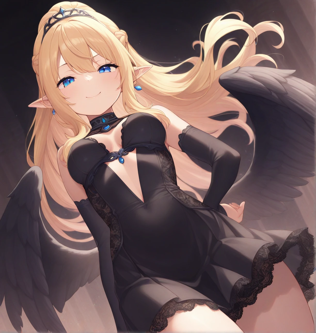(High quality, High resolution, Fine details), dark, gothic, Black Winged Angel, gleaming black wings, flowing white gown, moonlight illuminating the scene, ominous and mysterious, divine beauty, contrast of light and dark, subtle shades of black and white, dramatic lighting, moody atmosphere, solo, curvy women, BREAK blond hair, sparkling eyes, (Detailed eyes:1.2), grin, blush, shallow depth of field