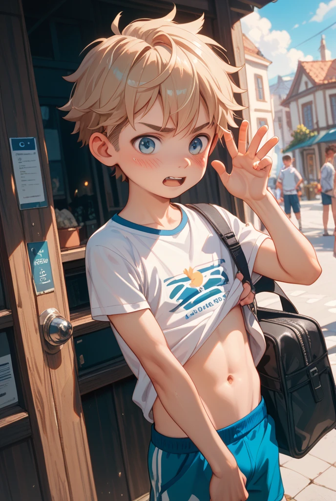(8K、Best image quality、Highest quality、masterpiece)、Sunburned skin,Brown Skin,,Detailed face、1 Girl、blonde、Red eyes、Earrings、smile、Small breasts、Underarm、Cowboy Shot、blue sky、storehouse,Red School Bag,naked,全naked,