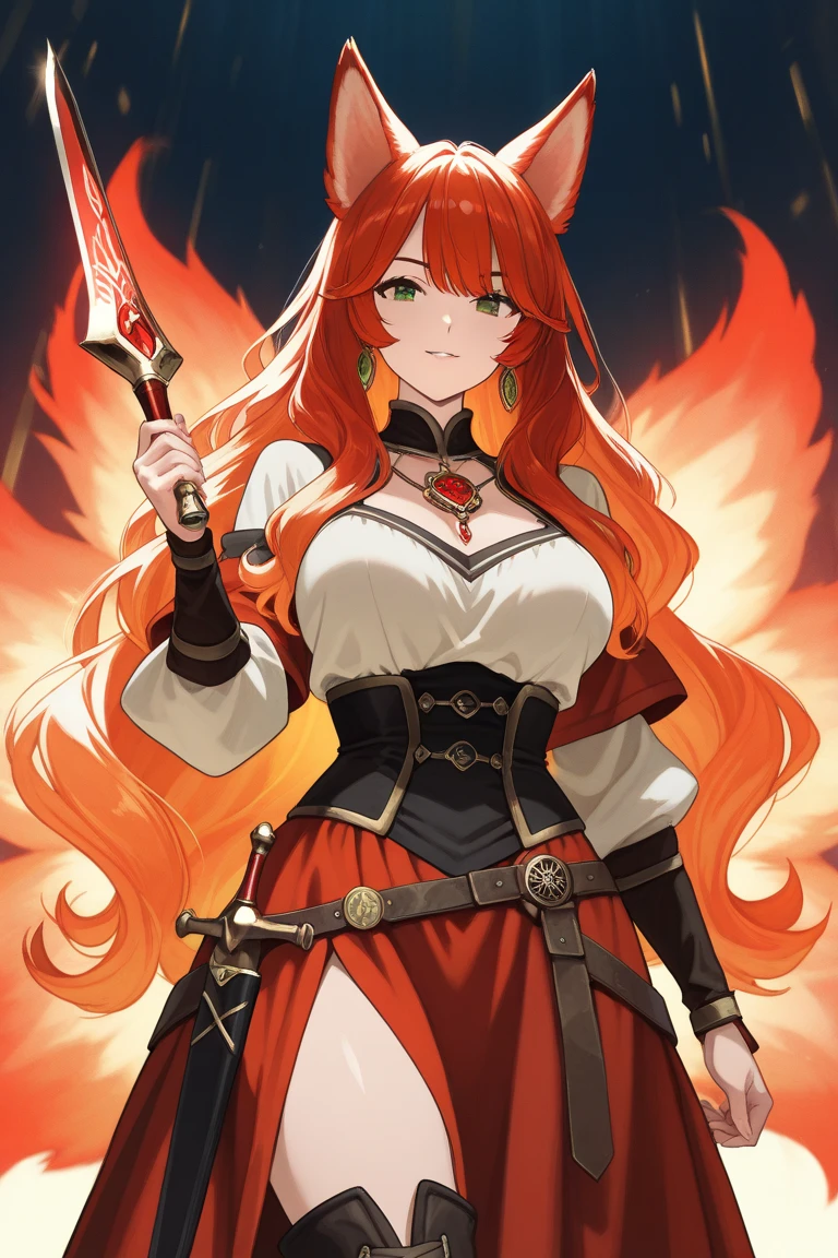 1girl, wearing a dress, surrounded by fire, red and long hair, red eyes, cleavage, goddess, perfect face, perfect fingers, perfect anatomy