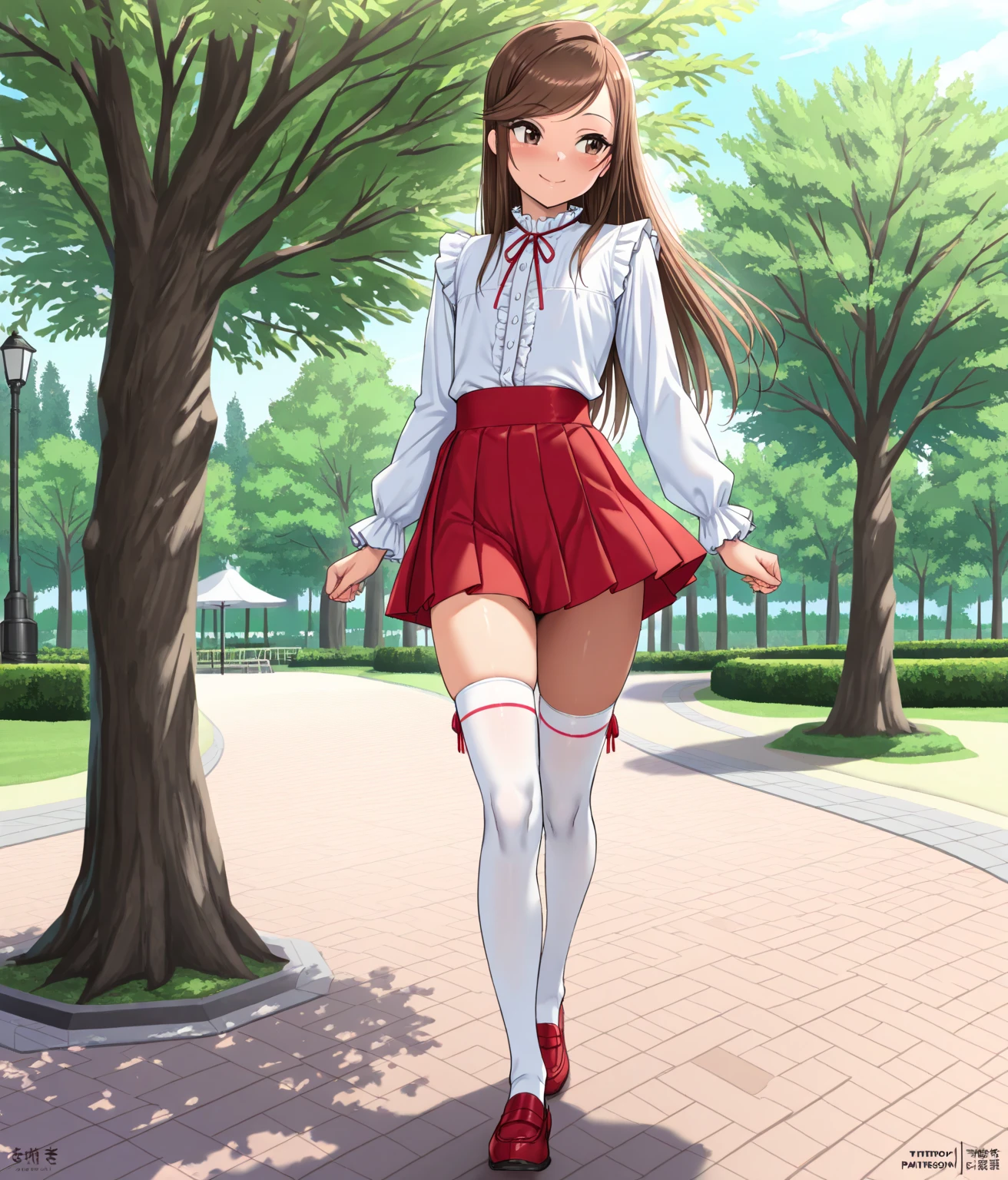 masterpiece,best quality,highres,ultra-detailed,aaasuna,heterochromia,long hair,ahoge,twintails,hair bell,school uniform,blazer,(jacket:1.3),red bowtie,vest,shirt,long sleeves,plaid skirt,socks,black socks,loafers,<lora:kagurazaka_asuna:0.7>,(skirt lift:1.4),(panties:1.2),blush,(embarrass:1.2),outdoors,garden,