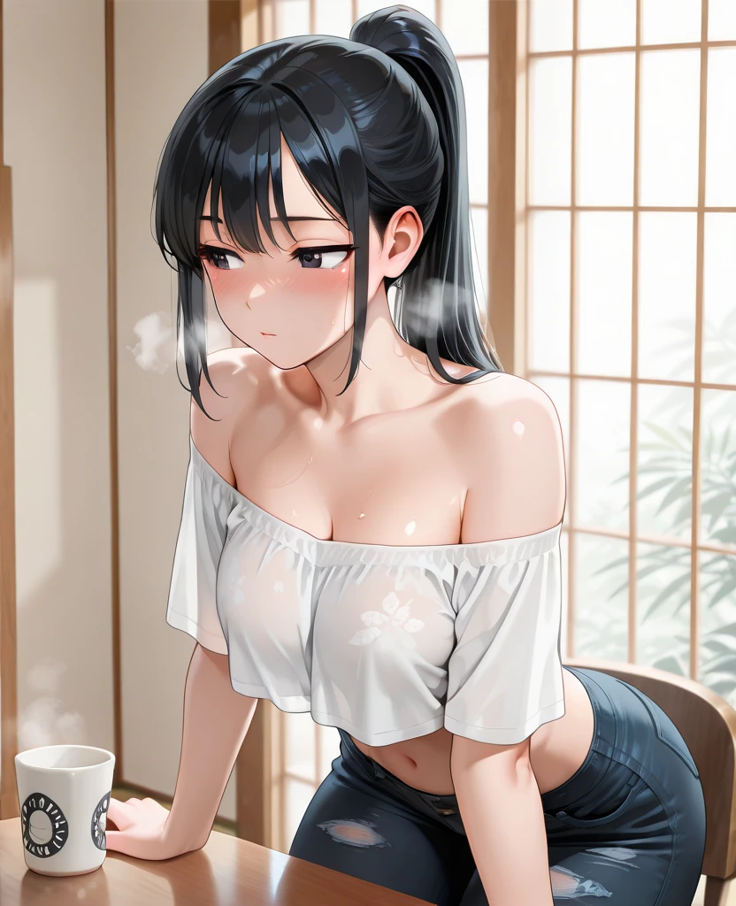 (((masterpiece, Highest quality:1.5,absurdres))),nsfw,25 year old beauty,(dark blue hair),((very small head:1.2)),long hair,bangs,dark blue eyes,gorgeous eyes,blush、in heat,medium breasts,((very long body:1.3)),((toned body,slender body)),skinny,((tan skin:1.2)),gleaming skin,shiny skin,sweat,((White turtleneck knitwear、Long sleeve、Underboob、navel、Beige shorts、Wet crotch、orgasm),White sneakers、sitting,spread legs:1.2,Black sofa、Coffee shop、Tokyo、