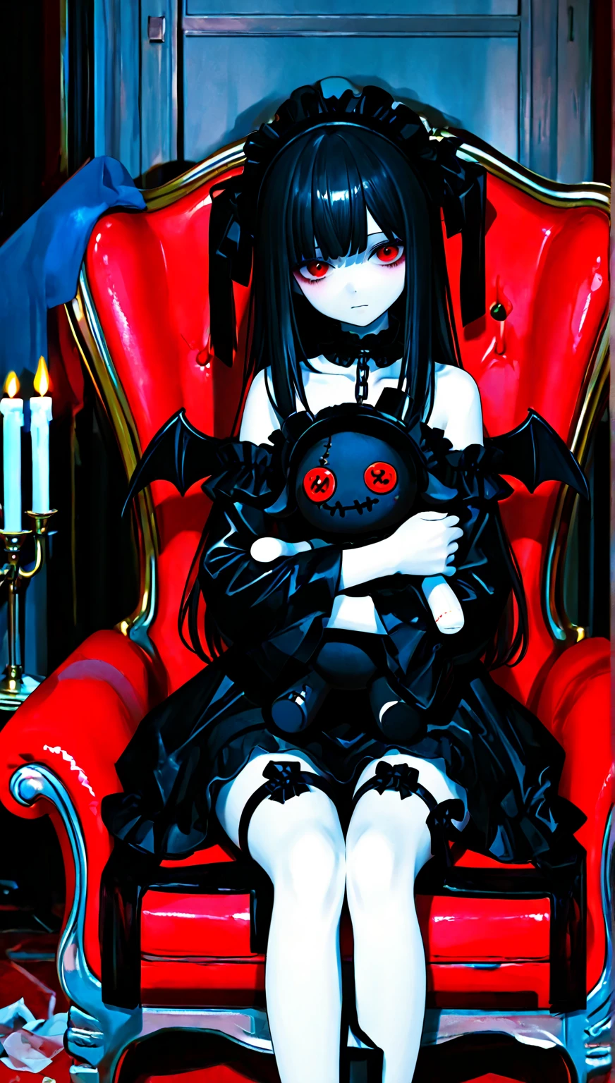 Beautiful Girl、white skin、black gothic ta、Dark Western-style room、chair、Tattered stuffed toy、holding a stuffed animal、red eyes、no expression、 candle light