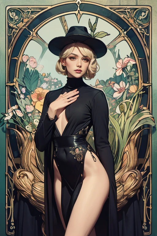 (Masterpiece, Best Quality, Highres:1.4 image of Elf woman), Detailed, Intricate Details, 4K, line art, Art Nouveau style, influence by John William Waterhouse and Alphons Mucha