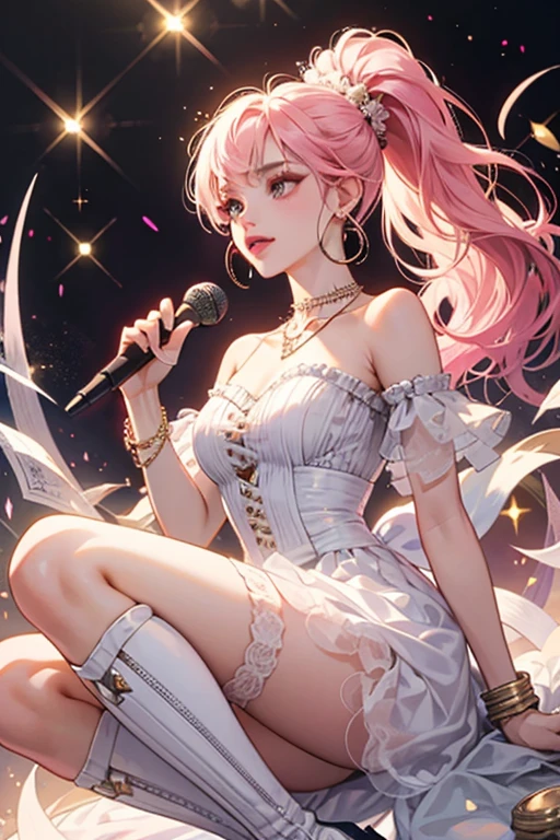 Masterpiece, Best quality, A high resolution, HMSL1, Medium hair, x hair ornamen, crown, pink flower, White dress, bridal garter, Bare shoulders, Wrist cuffs, frill dress, neck bowtie, Large breasts, Stage, day, sky, Cowboy shot, standing in the middle of the stage，Microphone in hand，The microphone is cute strawberry shaped，1girll，full body，Slender toned legs，white Heels，The leather shoes have gold metal hangings，idoly，Stage costumes，be on stage，holding a mic，Neon stage，Projector lamp illumination，LED stage background，Flowers bloom，Seven colored lights，(Masterpiece),(Best quality:1),(超高分辨率:1),the wallpaper, Detailed illustration, detailed beautiful skin, 1girll, Solo, Bikini, , Sexy, big breast, mini plaid skirt,