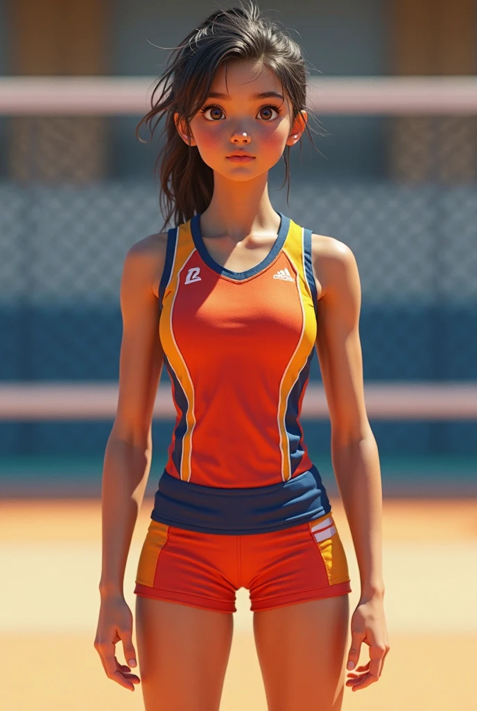 (masterpiece), high quality, (detailed background), 1girl, solo, long hair, high ponytail, sidelocks, ringed eyes, (looking at viewer:1.3), track outfit, Dynamic Model Pose, center weight, front view