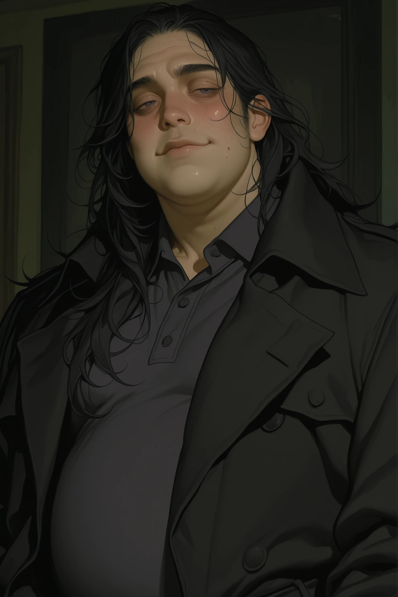 chubby grunge goth themed nerdy boy in his 20s, chubby, plus size. round cherubic face, black trench coat with dark grey polo shirt, nerdy square glassesc acne on face, long greasy black hair, mean looking, long hair passed shoulders,