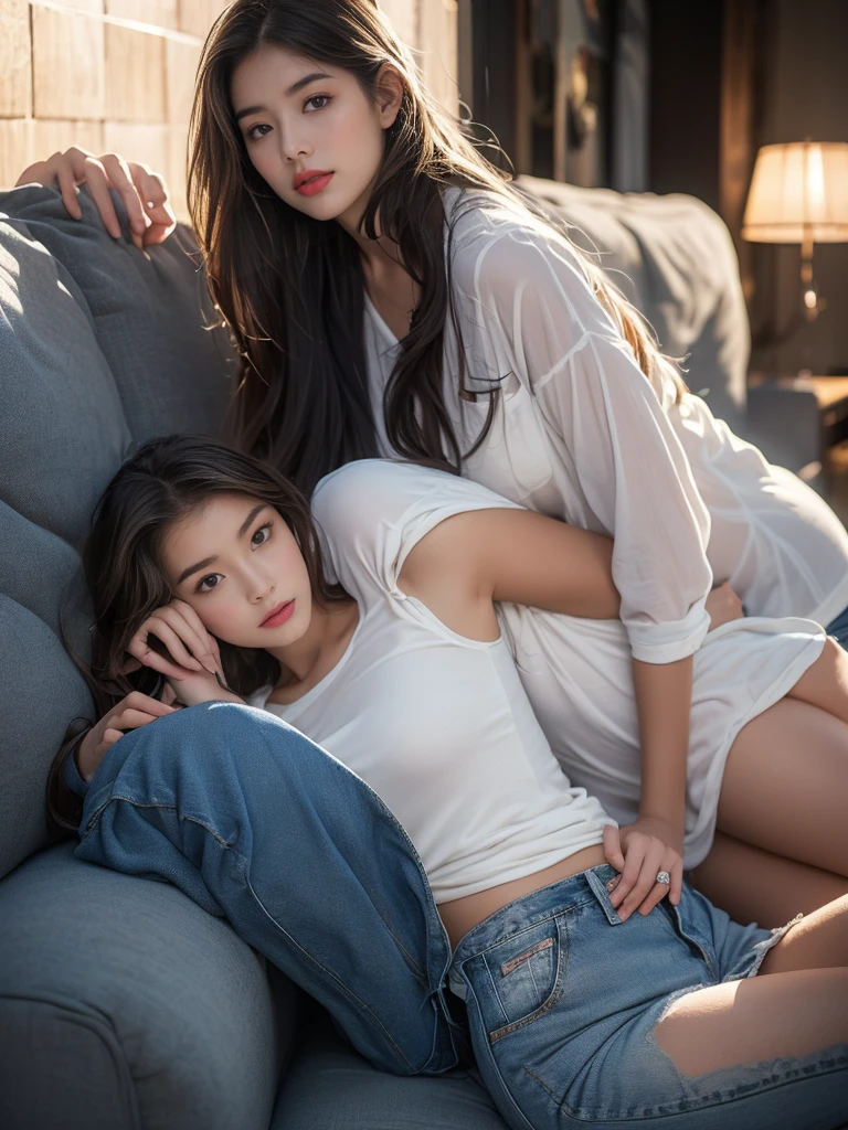 Girl posing for photo in white bra and tight denim skirt,full bodyesbian,With a cropped T-shirt、brassier,Slim body,Smaller bust,Slim girl model,24 years old female model,lying down on a bed