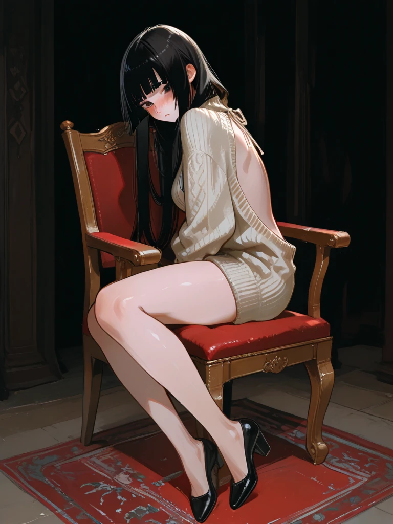beautiful girl, long black hair, bangs, rounder face, droopy nose tip, small round red lips, round cheeks, intense dark round asian eyes, beauty spot above eyes, average body, chubby legs, soft stomach, short body height, flat body, sitting on a couch with a magazine and a cell phone, gorgeous