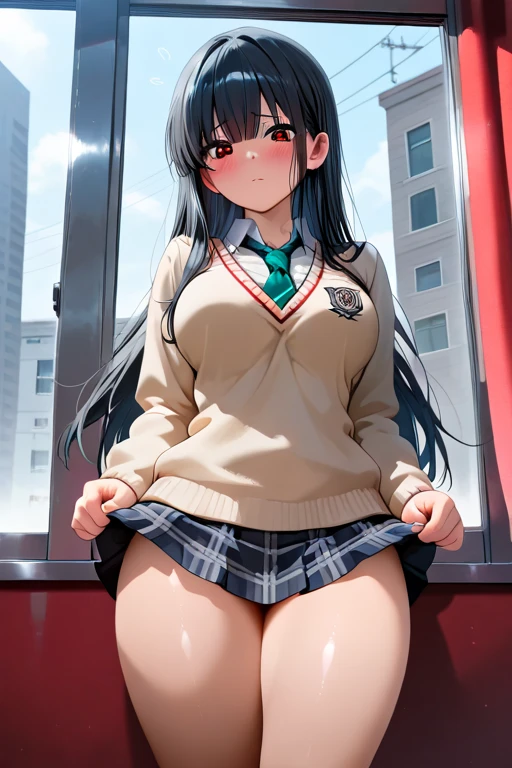 High school girl in white blouse and green checked skirt, green checked skirt, untied long black hair, pinched eyes, long eyelashes, well-styled and quite large breasts, white underwear with skirt flipped up, posing with large breasts for emphasis, naughty large breasts, naughty thighs, naughty Anime style, beautiful anime school girl, surrealistic school girl, surrealistic school girl, enchanting anime girl, realistic school girl, emphasized big breasts, naughty anime style, naughty thighs, naughty thighs, smooth anime CG art, surrealistic school girl, surrealistic school girl, Enchanting anime girl, realistic high school girl, smooth anime cg art, anime girl, beautiful anime high school girl, beautiful anime girl, beautiful charming anime teen, naughty anime style, photorealistic anime girl renderings