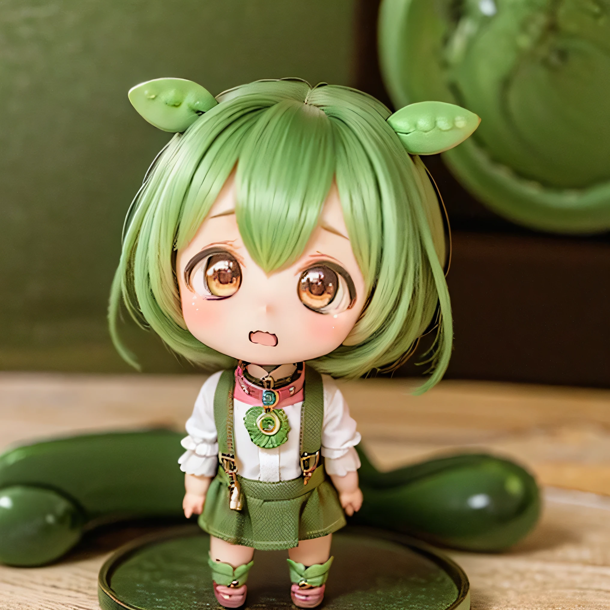 cute green-haired zundamon in playful pose, ( chibi), Detailed Character Design , intricate details , surreal , photorealistic , 8k, masterpiece , is high resolution, bright color, soft lighting , natural light, 、 warm palette , wonderful , fantasy , cute , cuteデザイン , , Heartwarming、Edamame、