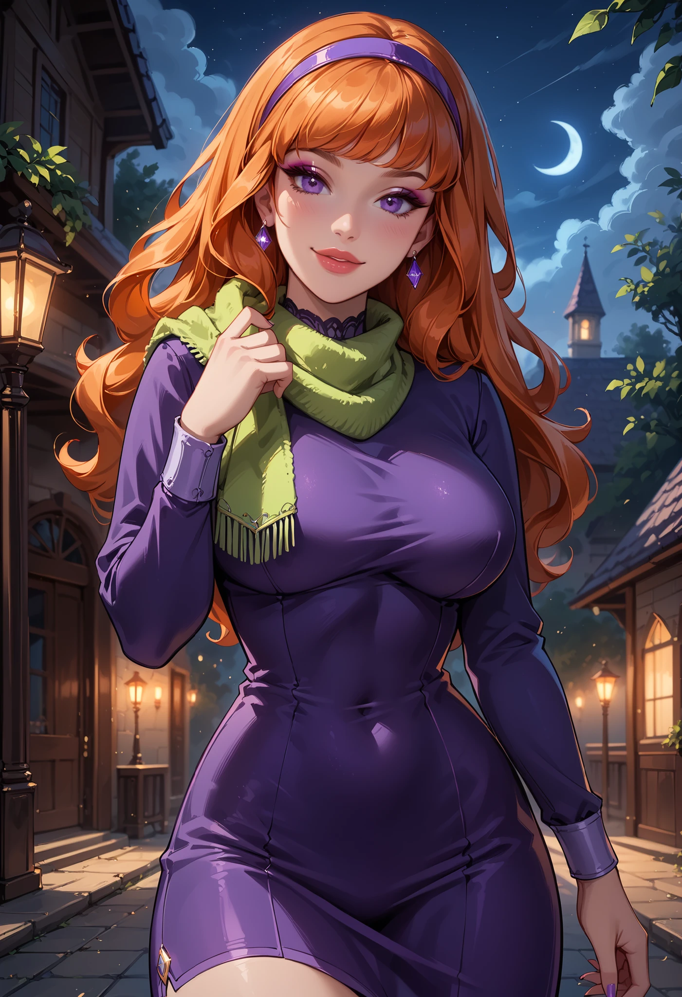 score_9, score_8_up, score_7_up, cinematic film still, solo, 1girl, very sexy (EPsbdDaphne, orange hair, long hair, purple eyes, purple hairband, green scarf, short purple dress, long sleeves:1.3), beautiful waifu, thicc, nm_fitbutt, ass, sexy big ass, bubble butt, ass focus, (big breasts), huge breasts, double d cup breasts, flirt, gaze, sexy look, half-closed eyes, head tilt, filled lips, thick lips, sweet smile, makeup, sexy pose, confident, cowboy shot, haunted mansion, night, dark, expressiveh d4rk01l, perfect proportions, naturally curved, sexy thighs, (sexy pose:1.2), model shoot, sexy eyes, detailed eyes, (eyes half-closed:1.1), detailed face, flirty smirk, shallow depth of field, lowlight, (Hand, detailed, perfect, perfection, hands:1.2), face focus.