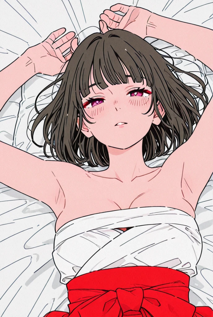 gorgeous lips, (masterpiece), (best quality), (ultra-detailed), very aesthetic, perfect composition, intricate details, absurdres, detailed face, (anime, masterpiece, intricate:1.3), (best quality, hires textures, high detail:1.2), zashiki-warashi, jet black bob haircut, kimono, expressionless, childhood, looking_at_viewer, blush, open_mouth, bangs, navel, hetero, lying, one_eye_closed, teeth, solo_focus, tongue, tears, on_back, armpits, clothes_lift, arms_up, bottomless, bed_sheet, pov, shirt_lift, trembling, camisole, tearing_up, (1boy, dark skin male, out-of-frame_censoring, implied_sex, tickling), shiny skin, (adult)