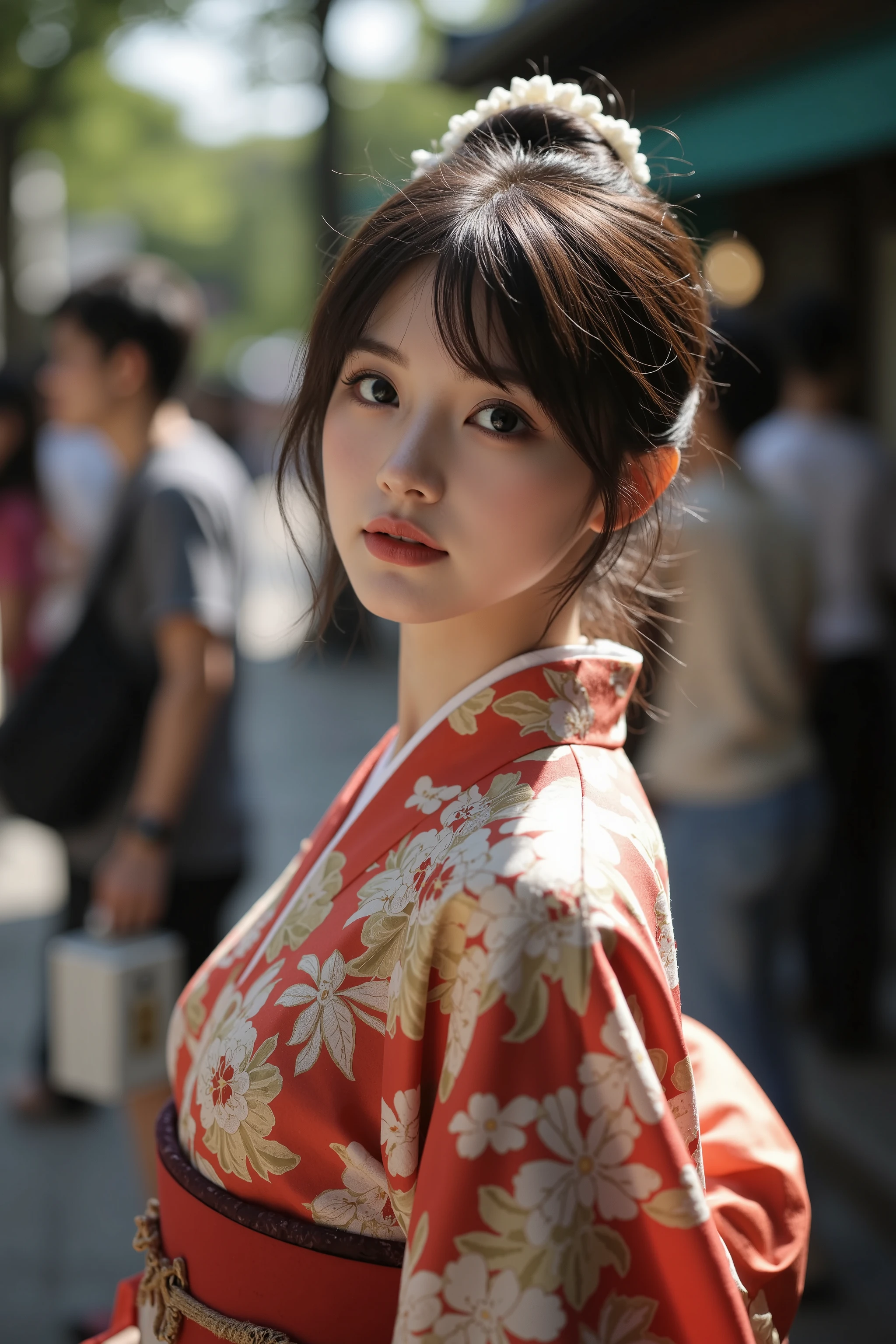 Haute Couture Portraits,People in motion,colorful light and shadows create expressive shadows,Poetic emotion,Contemporary photography style portraits,highest accuracy,4K,high resolution, Fine details ,realistic,professional photography,Vivid and eye-catching,Depth Blur,cute Japanese girl wearing kimono on the streets of Kyoto,Big and innocent eyes。