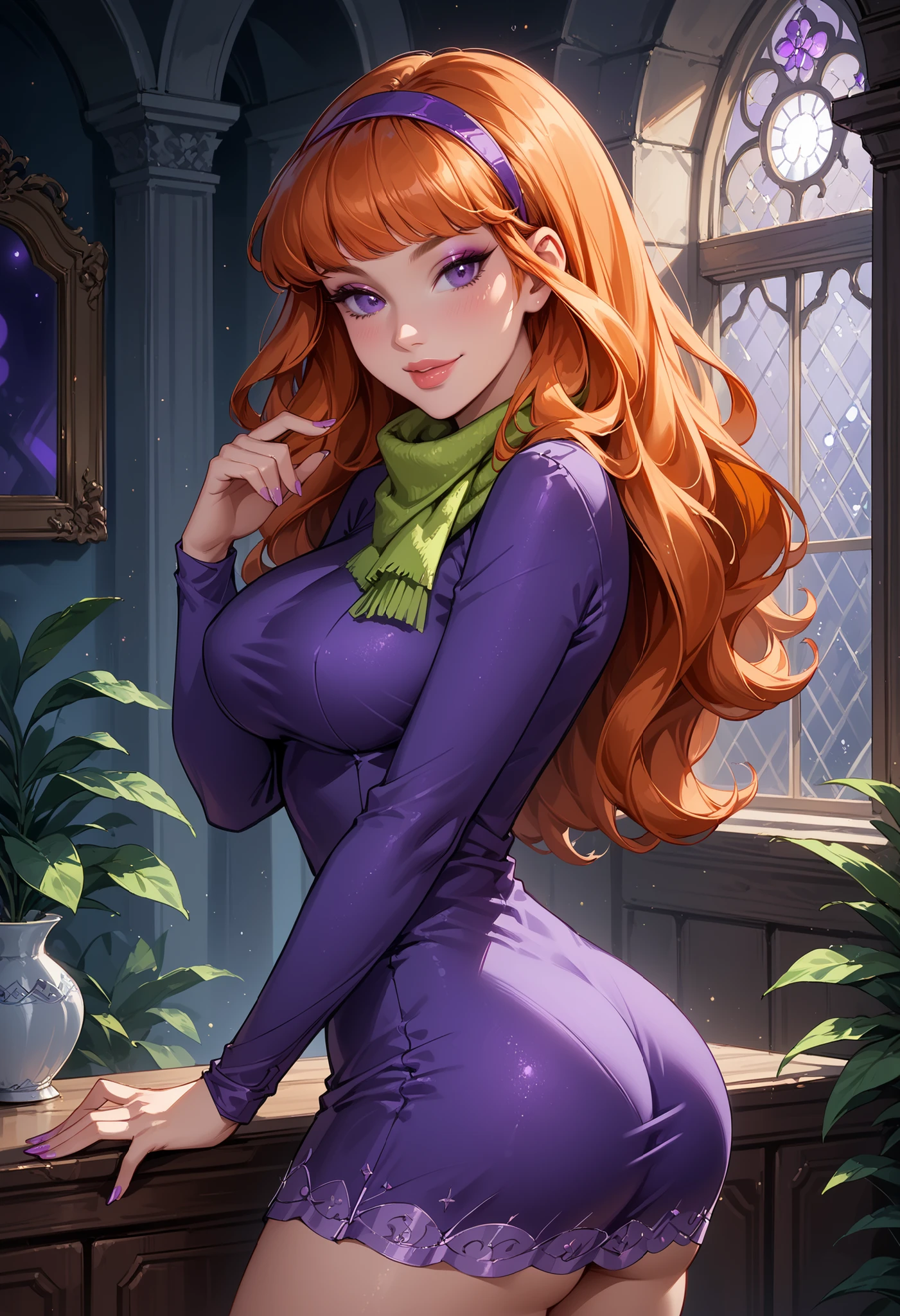 score_9, score_8_up, score_7_up, cinematic film still, solo, 1girl, very sexy (EPsbdDaphne, orange hair, long hair, purple eyes, purple hairband, green scarf, short purple dress, long sleeves:1.3), beautiful waifu, thicc, nm_fitbutt, ass, sexy big ass, bubble butt, ass focus, (big breasts), huge breasts, double d cup breasts, flirt, gaze, sexy look, half-closed eyes, head tilt, filled lips, thick lips, sweet smile, makeup, sexy pose, confident, cowboy shot, haunted mansion, night, dark, expressiveh d4rk01l, perfect proportions, naturally curved, sexy thighs, (sexy pose:1.2), model shoot, sexy eyes, detailed eyes, (eyes half-closed:1.1), detailed face, flirty smirk, shallow depth of field, lowlight, (Hand, detailed, perfect, perfection, hands:1.2), face focus, (ass facing the viewer)