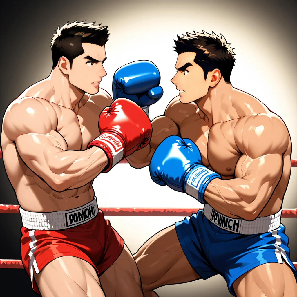 Boxing Match, Boxing ring, boxing gloves, champion, (masterpiece, best quality, Professional, perfect composition, very aesthetic, absurdres, ultra-detailed, intricate details:1.3), by Naoki Urasawa