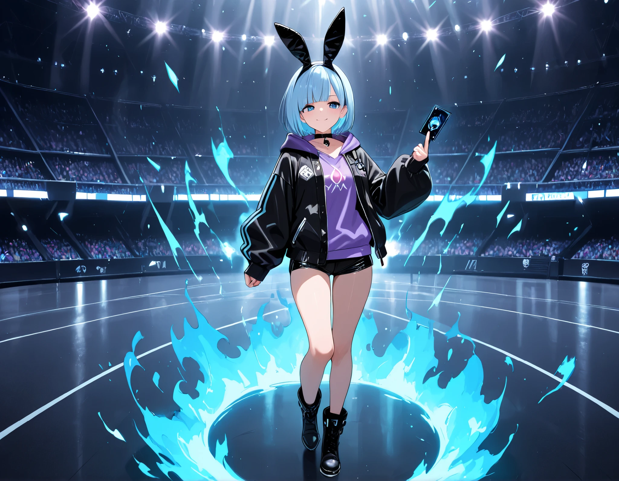 score_9, score_8_ up, score_7_ up, Takeda, {1girl}: (18 years old, bob cut hairstyle, bangs, blunt bangs, short light blue hair, dark blue eyes),(black hairband, carrot pendant on a black leather choker, black jacket, open jacket, hood, hood down, hooded jacket, jacket, purple shirt, long sleeves, puffy long sleeves, sleeves past wrists , mini shorts, collarbone, fake animal ears, pink glowing LED bunny ears), thighs, boots, BREAK, full body, (lifting a card in his hand, the card shines and gives off a bright light, looking at the viewer in a smug manner, blue fiery aura surrounding her, blue aura surrounding her, shining light, a pokemon style dragon flying next to her), The stage is a Pokemon-style fighting stadium, face focus, masterpiece, best quality, amazing quality, {8k image}, highly detailed, anatomically correct.