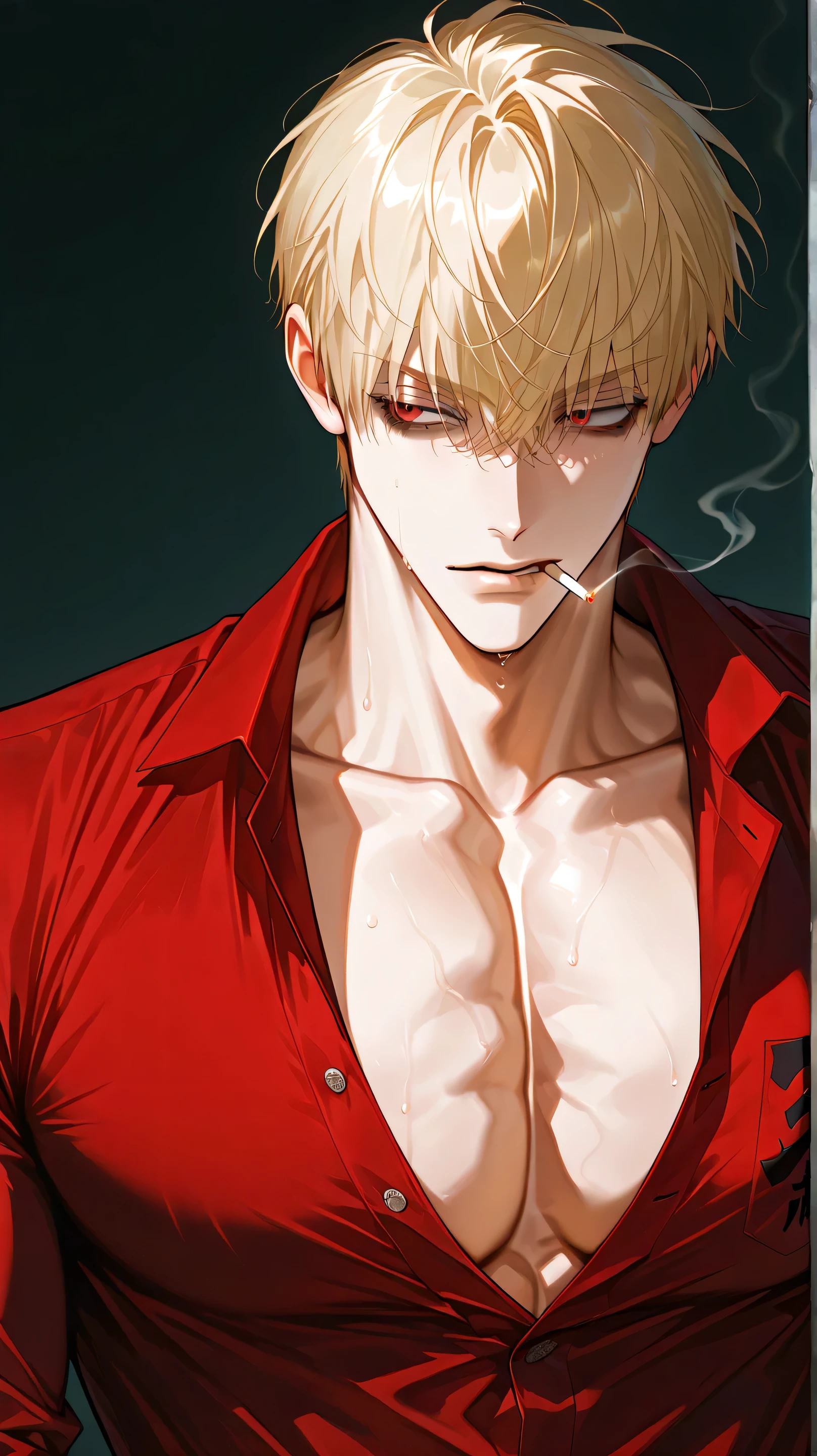 One male , handsome , very muscular , bulky body , big chest , short hair , messy blonde hair , keen eyes , red eyes , dark circles under the eyes , male facial features, red yakuza shirt , cigarette , simple background, front view