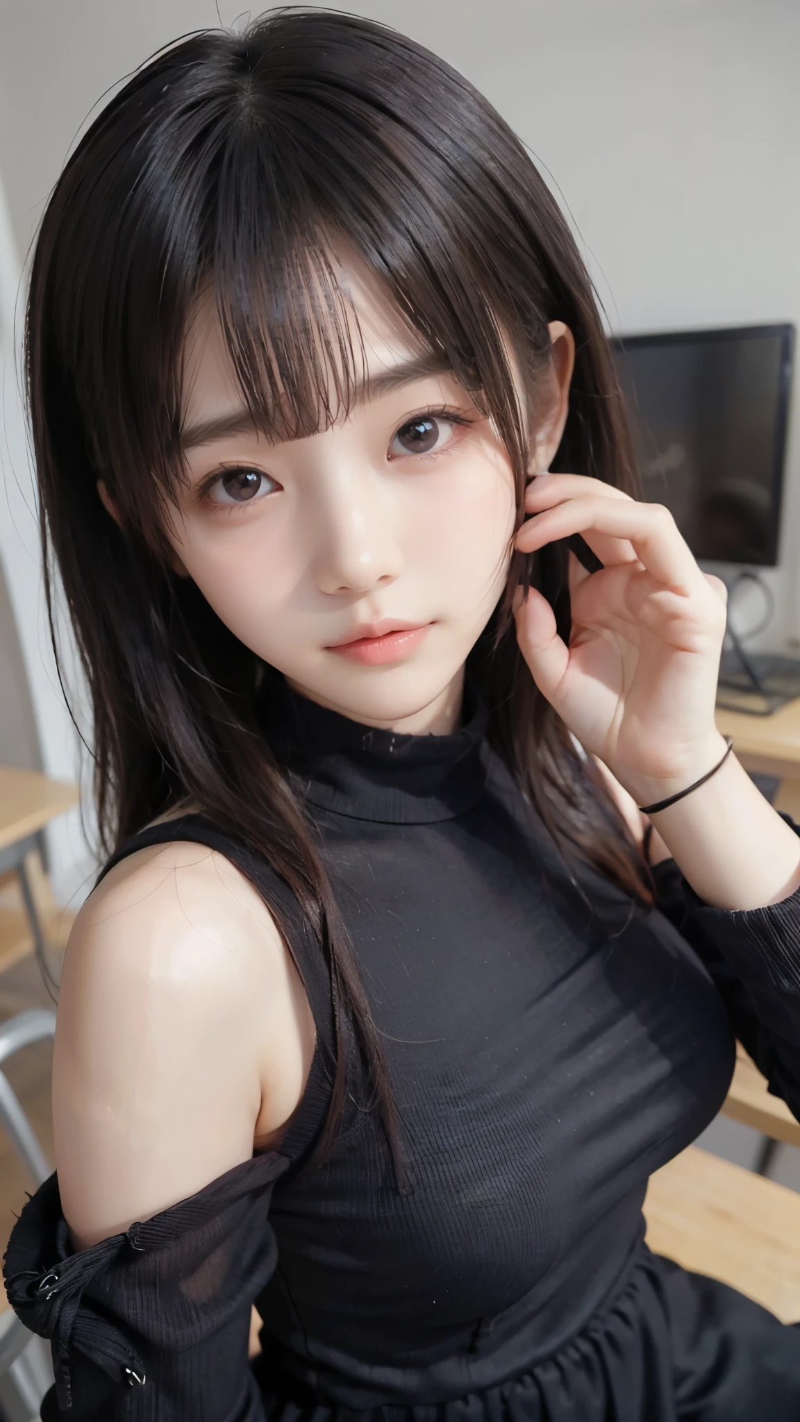 cute knitted clothes、slender body line、Tight waist、((accentuated breasts、beautiful breasts、Breast bag:1.2))、((Very cute expression))、(detailed hands:1.3、perfect right hand:1.3、fine fingertips down to the smallest detail:1.2)、(detailed eyes and faces between desks:1.2)、Highest Quality、best quality、masterpiece、(beautiful small face、High nose、Lovely-shaped lips、Large, symmetrical eyes、flushed cheeks:1.2)