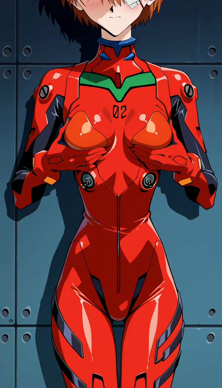 (hip focus:1.3),(from behind:1.3) ,head out of frame ,shin-chan \(evangelion\) ,(cosplay ,alternate costume),(ikari_shinji:1.4),1 feminin boy, solo, (black short hair:1.6),absurdres ,absolutely resolution ,incredibly absurdres ,(absolute shiny clothes),highest quality, ultra shiny clothes , looking at viewer, bangs, gloves, standing, shiny red bodysuit, turtleneck, headgear, legs apart, pilot suit, bracer, (shiny metallic red plugsuit:1.6) ,solo, bodysuit, neon genesis evangelion, medium breasts, (02 plugsuit), red_bodysuit, grossing plugsuit ,lustering plugsuit , embarrassed ,