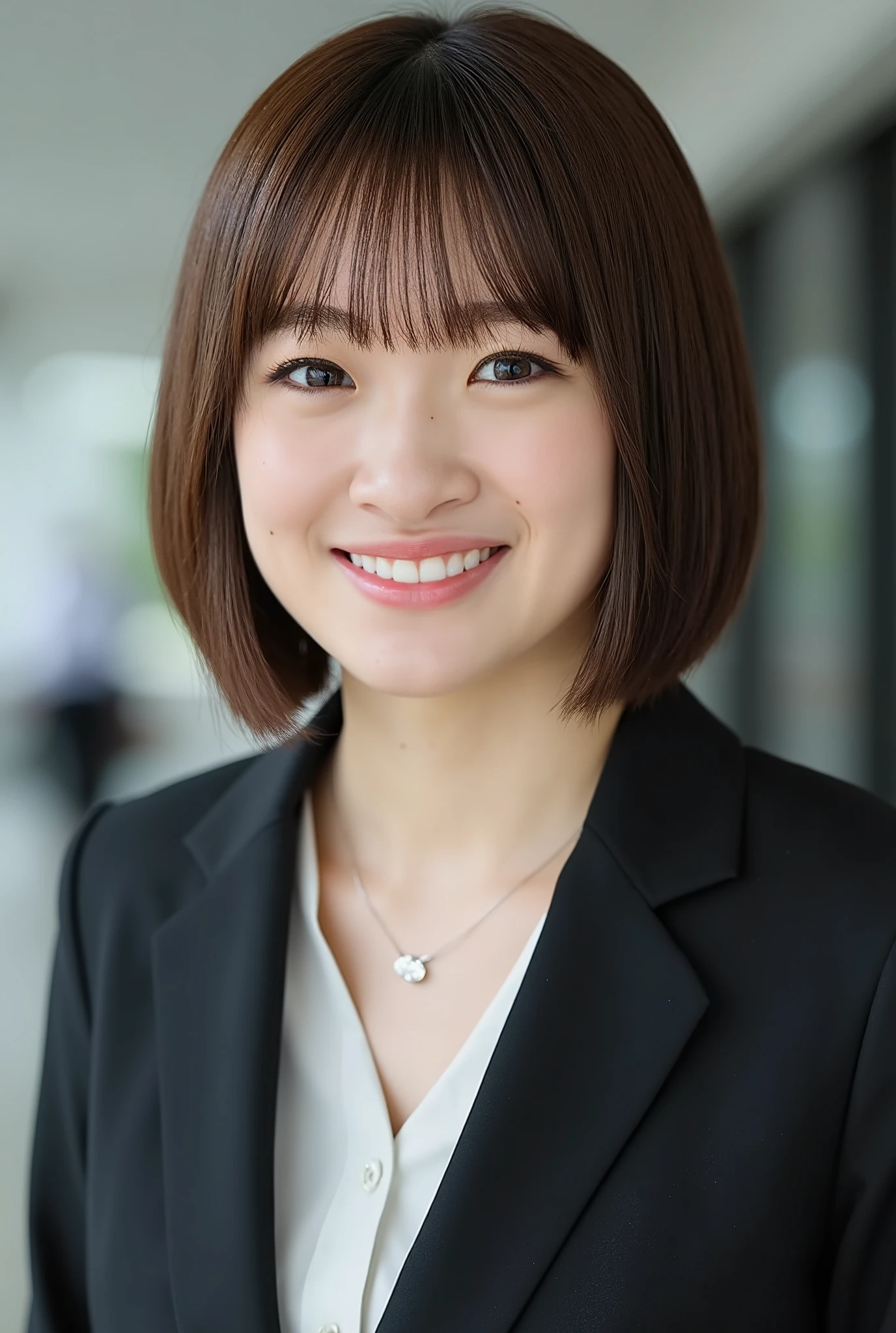 Neat Young Woman、and look at the camera、smile showing teeth、office lady suit、jacket、shirt、Hairstyle Shortcuts、bob hair、 pale brown hair、necklace、dark eyeshadow、upper body、Background is in a room、