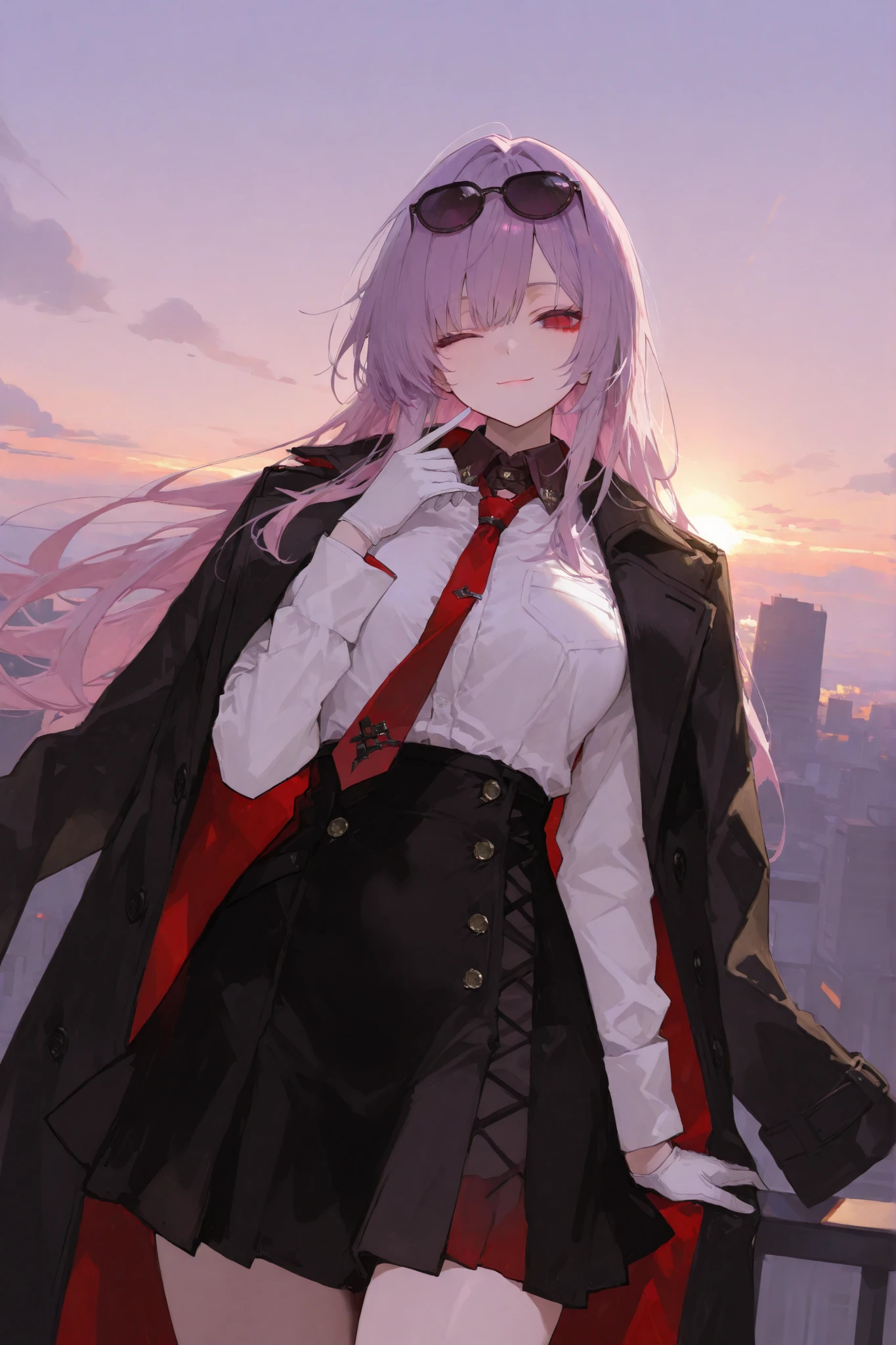 1girl, eyewear_on_head, long_hair, solo, sunglasses, one_eye_closed, light_purple_hair, shirt, looking_at_viewer, white_shirt, white_gloves, gloves, skirt, necktie, coat, long_sleeves, bangs, sunset, closed_mouth, smile, high-waist_skirt, breasts, black_skirt, jacket, coat_on_shoulders, red_eyes, black_coat, black_jacket, collared_shirt, light_pink_eyes, sky, city_background