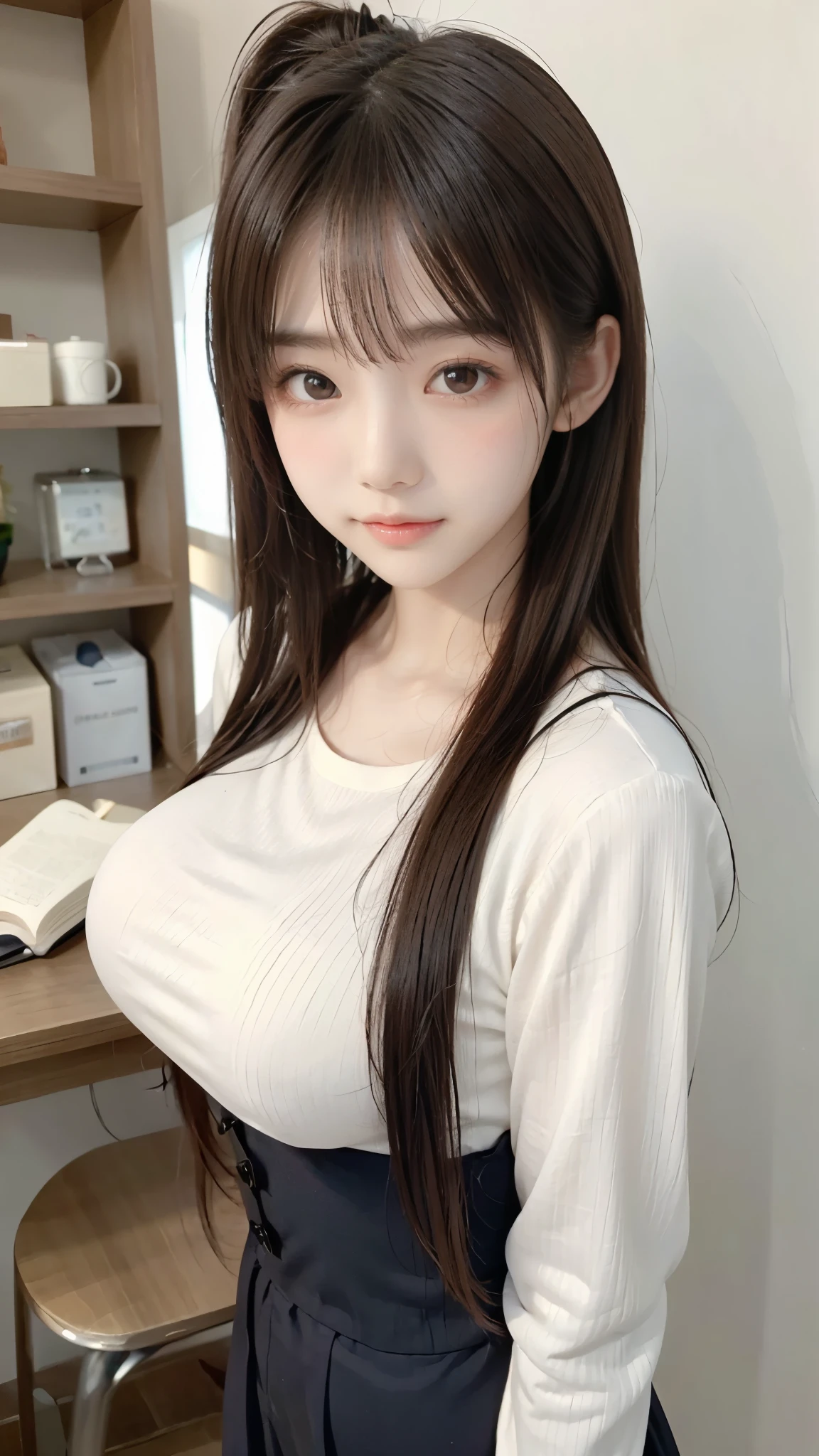 cute knitted clothes、slender body line、((Tight waist))、(( Accentuated Big Breasts :1.2、Big beautiful breasts、Big Breasts、Breast bag:1.2))、((Very cute expression))、(detailed hands:1.3、perfect right hand:1.3)、(detailed eyes and faces between desks:1.2)、Highest Quality、best quality、masterpiece、(beautiful small face、High nose、Lovely-shaped lips、Large, symmetrical eyes、flushed cheeks:1.2)
