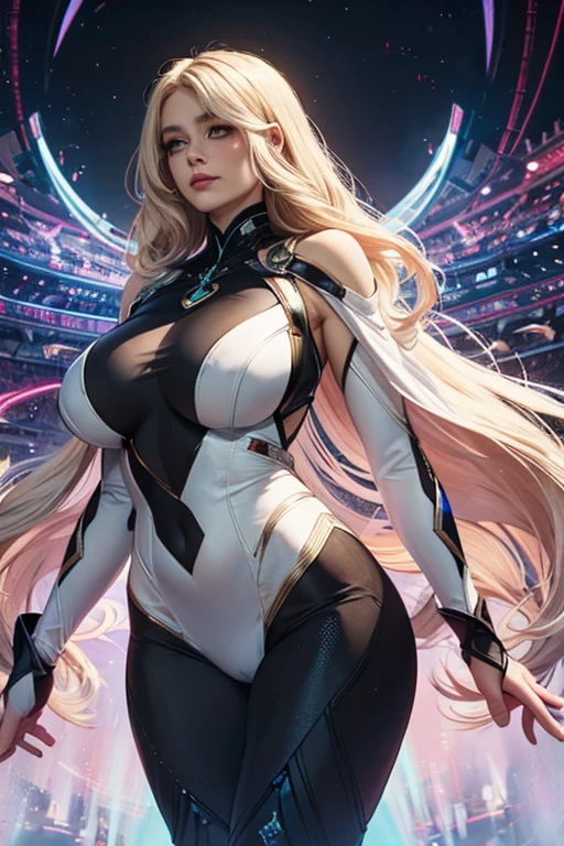 Gorgeous girl, big breasts, big ass, thin waist, Open legs, High facial detail, White Futuristic Sexy Mirror Suit, cyberpunk, bright red very long hair, city of the future, hologram, Neon lighting, ultra detailed, a high resolution, masterpiece, high quality, ultra detailed, a high resolution, Fox ears,