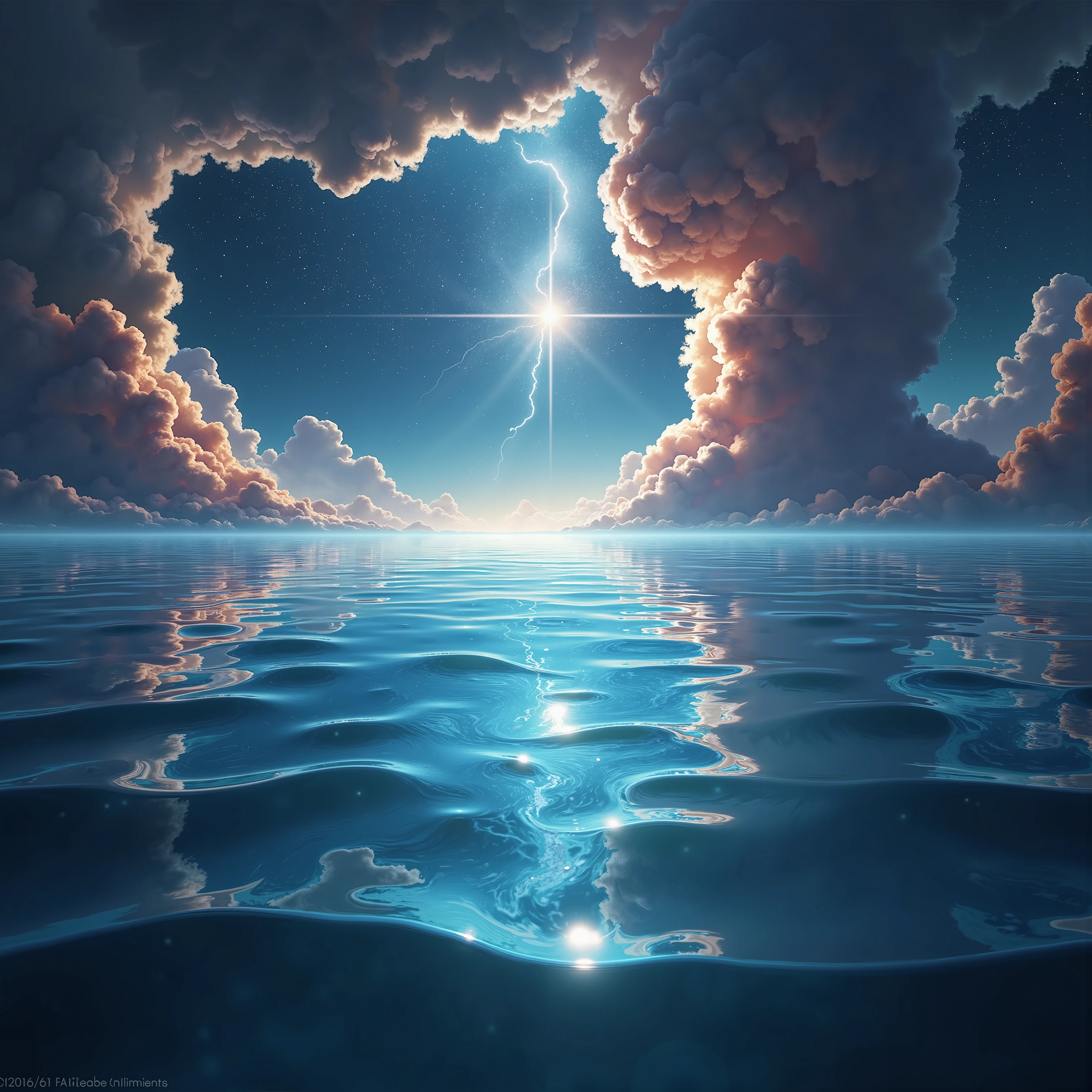 A large expanse of water in space, with images of beautiful   reflected in it.rearistic,wave water,clear colors 
