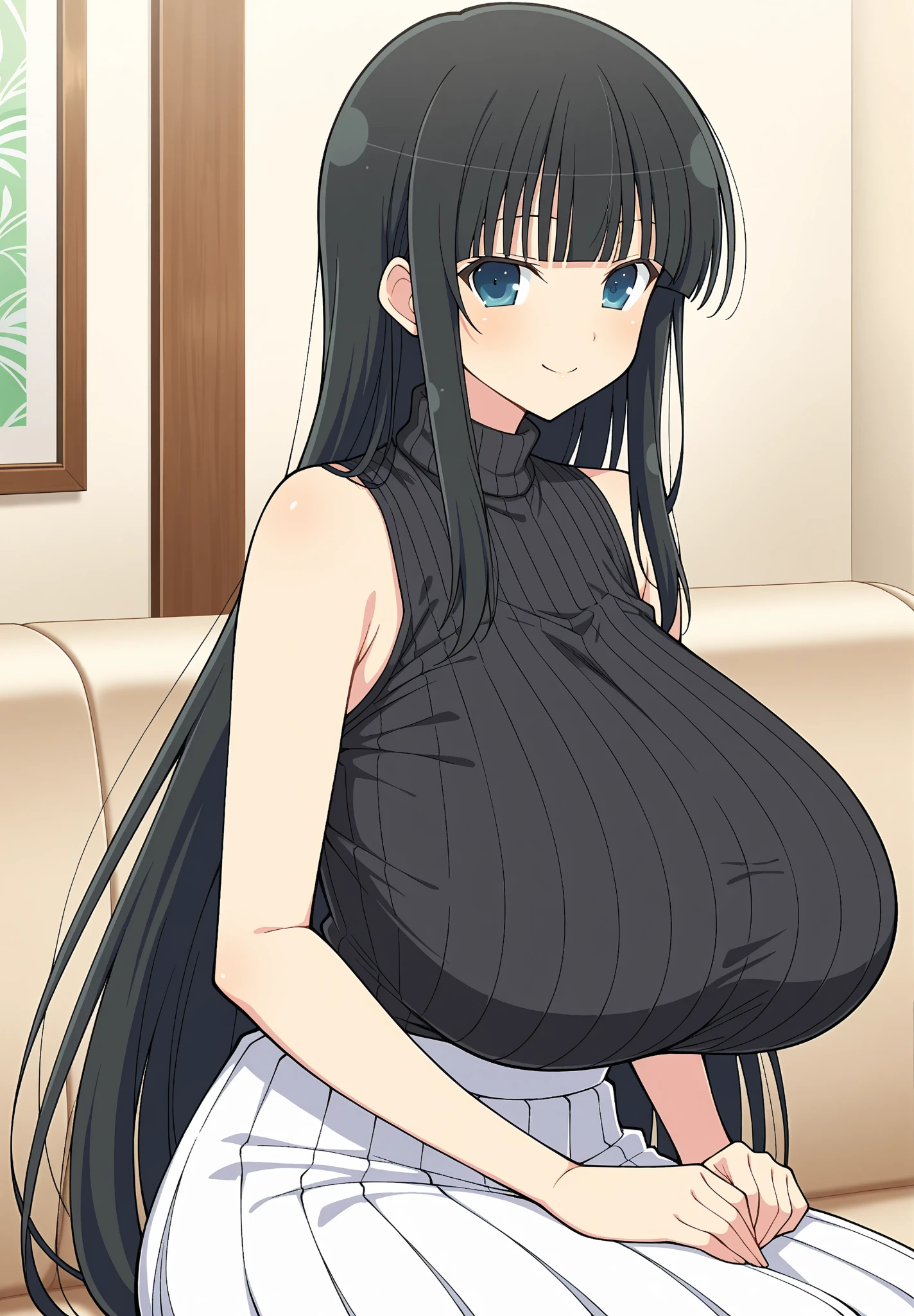 kumashiro maya, hairband, (white dress), bracelet, black thighhighs, makeup, mascara, 1girl, solo, black hair, (microdress), (golden), (bodycon), blush, eyeslashes, fishnet stockings, (face focus), (handbag:0.8), (o-ring:1.2), choker, jewelry, necklace, waist cutout, BREAK masterpiece, best quality, glowing skin, mature figure, voluptuous body, shiny skin, mature women, gigantic hanging breasts, from the front,