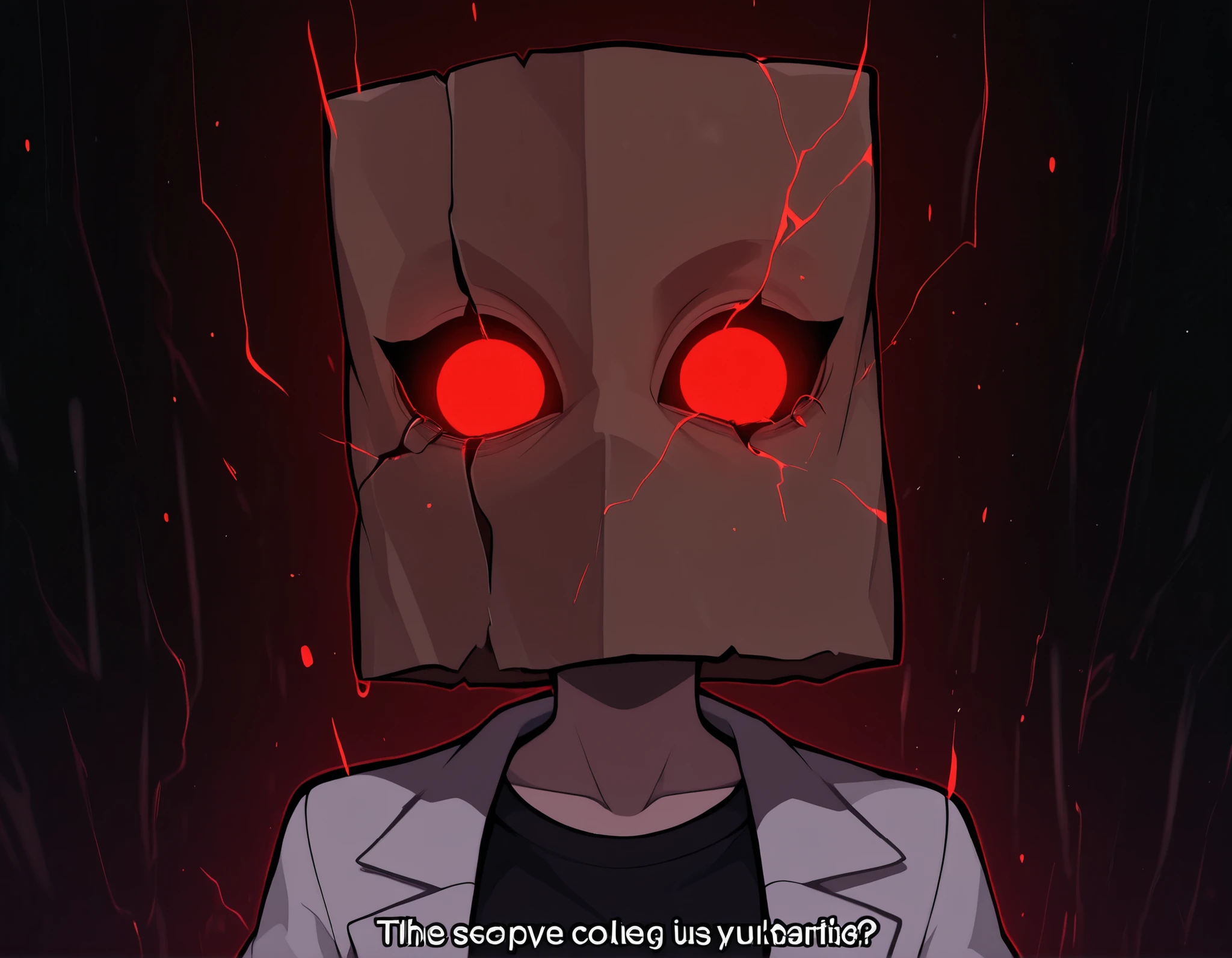 score_9, score_8_ up, score_7_ up, gwainsaga, A mysterious humanoid character with a paper bag mask over their head, featuring glowing red, cracked eyes behind round black glasses, exuding a menacing and unstable aura. The paper bag is jagged and tattered at the edges, with digital glitch artifacts distorting parts of the face and body. The character wears a mad-scientist style lab coat, partially open to reveal a colorful t-shirt with a cartoonish rocket graphic, contrasting with the ominous tone. One hand is extended forward as if manipulating or commanding, fingers curled and shadowed. The whole scene is overlaid with digital static and broken visual fragments, creating a corrupted, glitchcore horror effect. The character appears to be breaking the fourth wall, staring directly at the viewer. The background is black, enhancing the eerie glow of red eyes and the intense lighting. Overlaid text in a glitched digital font reads: "SINCE WHEN WERE YOU THE ONE IN CONTROL", implying a loss of agency or reality. Style: corrupted anime, dark psychological horror, glitchcore, character portrait with narrative tension, extreme close-up, masterpiece, best quality, amazing quality, {8k image}, highly detailed, anatomically correct.
