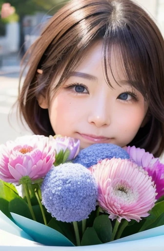 (((Pink hydrangea flowers:1.2,Blue hydrangea flower:1.3)))、Tree-lined street、A girl walking in the light rain、Bob Hair、Brown Hair、Medium breast、Rainy day in Kamakura、Climb the stone steps、mini skirt、masterpiece、highest quality、Highest quality、8k、Anatomically correct body、Accurate Face、Accurate Fingers、Accurate limbs、Detailed Background、Portrait、Back view、Seen from behind、