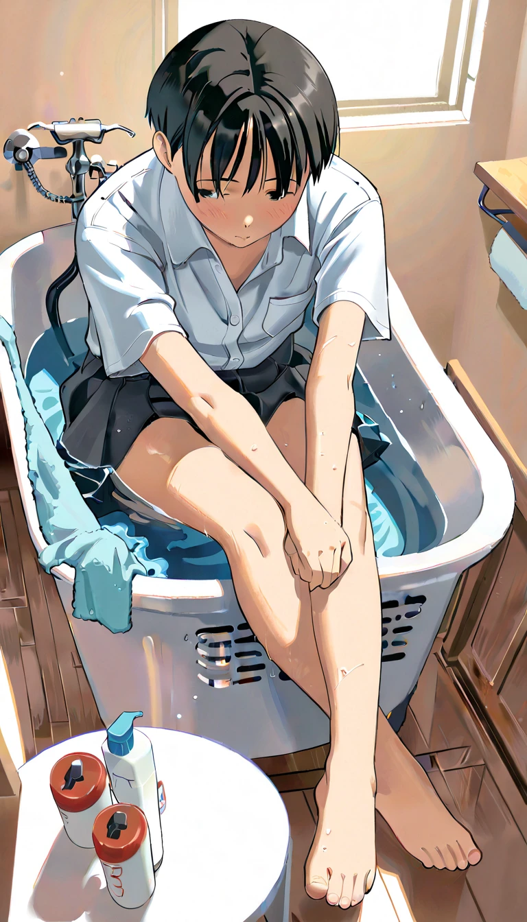 anime, One boy, Handa Shinichi, Brown Hair, Brown eyes, stop temporarily,Composition looking up from below、please sit down、A plastic bottle next to、Tired face、No background、(Master Parts:1.2, Highest quality), alone, Sitting, Show off your legs, Showing legs,showing alone, Natural materials,Face close-up,smile, Troubled face,Point your foot at the camera,Shorts, uniform,juvenile, Detailed face, Correct anatomy of the foot, Foot Anatomy, Sexy legs,Sweaty,Water Drop, Feet pointing towards the viewer, Detailed feet, Correct anatomy of the foot,