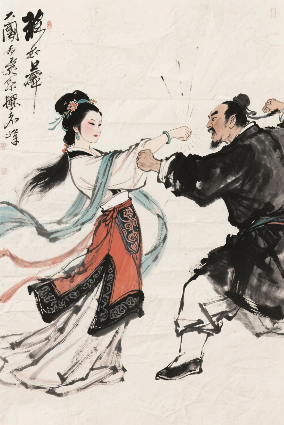 ,masterpiece, beautiful woman , a man play basketball with a woman,((bar)),chinese ink painting,<lora:gubinxin:0.9>,<lora:Van Gogh style:0.1>,