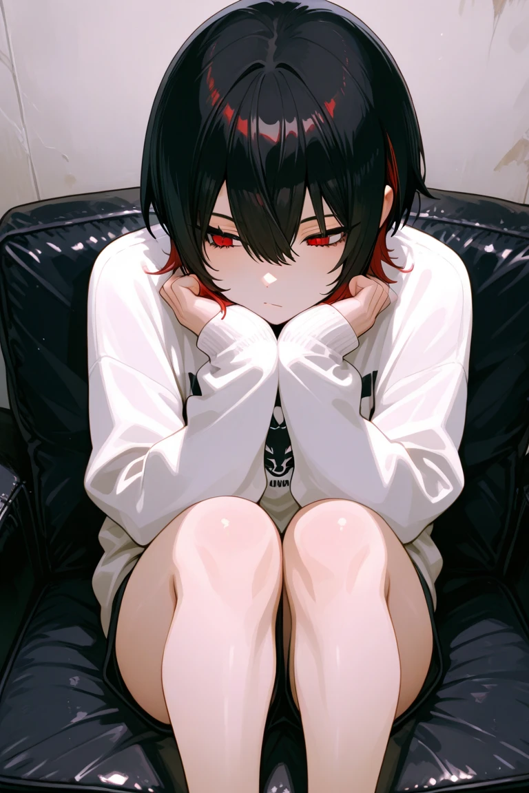 girl similar to gorillaz noodle, short black hair((drawing))Create an illustration of a dark, horror scene. The central figure should be a pale, slender young girl, sitting on a red cushion, dressed in tattered clothes. She should have a headset on her head and a melancholy expression. The setting must be a scary and abandoned technological environment, full of wires, tubes and strange equipment. In the background, add a large, mysterious anthropomorphic rabbit with glowing eyes and a sinister appearance, along with smaller, disturbing creatures. Use a predominantly gray color scheme with bold red accents, especially for the blood splatters and cushion, to enhance the spooky, surreal atmosphere. art inspired by Jamie Hewlett