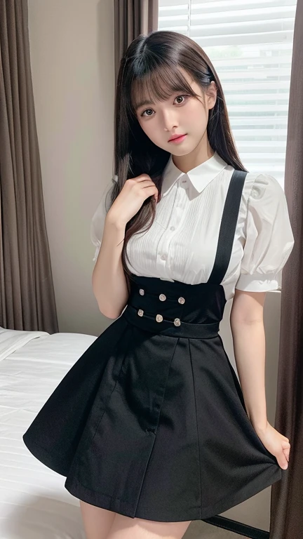 muste piece, best quality, illustration, Super detailed, fine details, High resolution, 8K,wall paper, perfect dynamic composition,(Details High quality, realistic depiction of eyes:1.3), waitress uniform, restaurant, large breasts, short bob hair、black hair color, Big Natural Color Lip, bold sexy pose, crying a little、cold gaze, Harajuku style、20 year old girl、cute type、lolita、beautiful legs, gravure idol, Voluptuous thighs