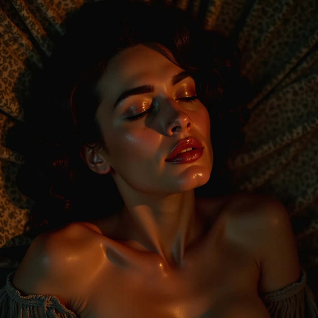 A inebriate topless girl with sperm on her tits, lying on the sofa, looks very enjoyable, Caravaggio style, looks depressing, high quality, ultra-detailed, crazy details, 4K