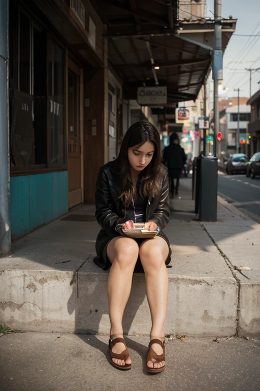 (smaug drahthaar), woman in pink dress squatting down on a brick sidewalk taking a picture, checking her cell phone, a photorealistic shot
