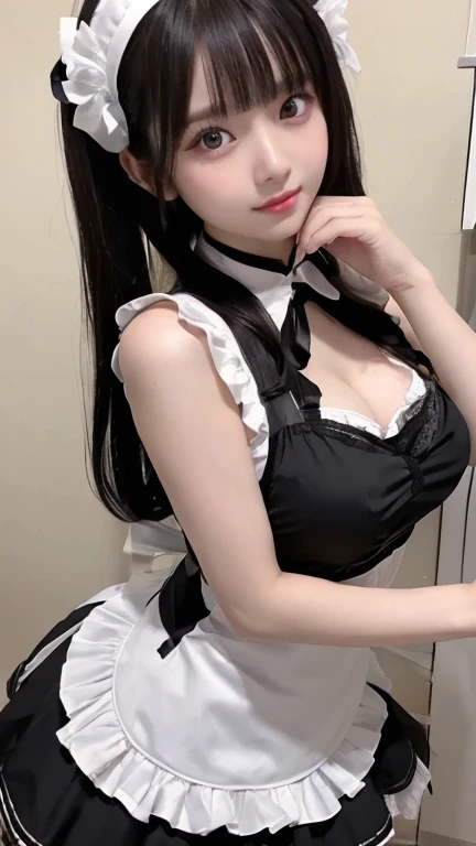 Japanese Beauty、Brown Hair、Black maid outfit、Cosplay、Selfie、Knee-high socks、garter belt、Thighs